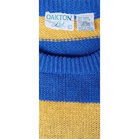 Oakton Ltd Striped Knit Sweater Blue Yellow Long Sleeve Crew Neck Women's Large - Picture 2 of 7